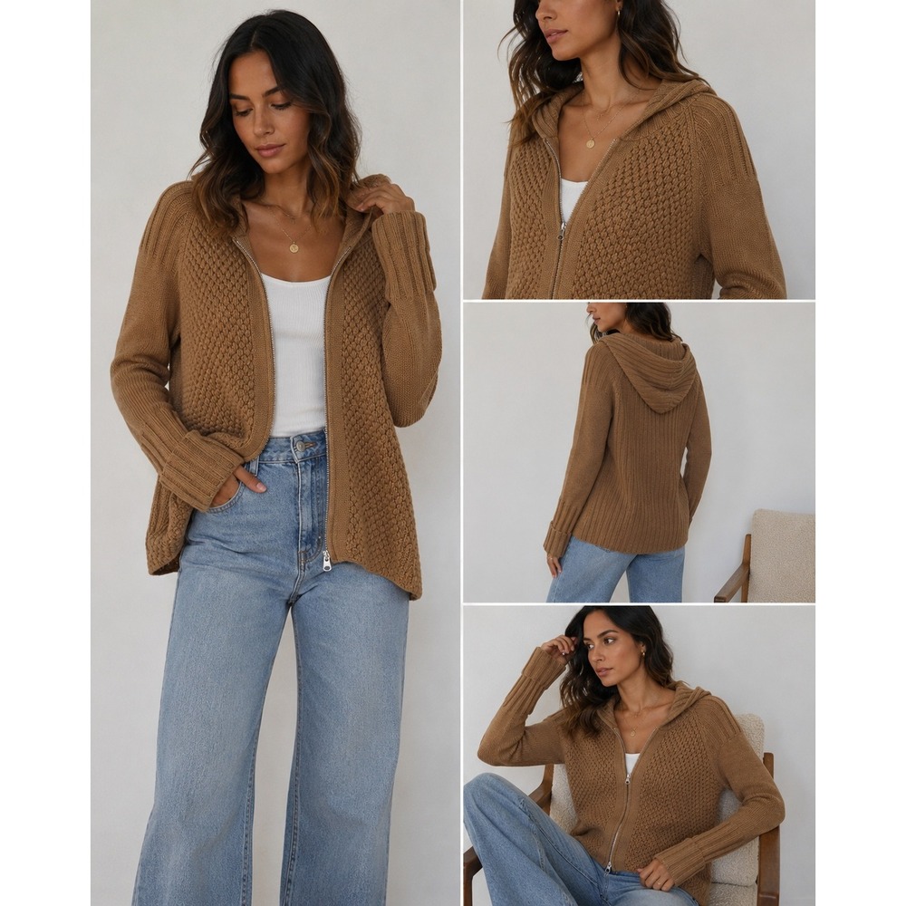 Victor Alfaro Womens Knit Cardigan Brown Casual Hooded Sweater Zip Jacket SZ LRG